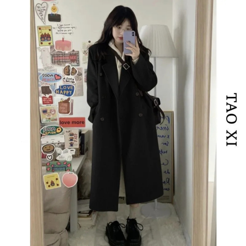 M--4XL学生韩版宽松显瘦黑色毛呢外套女中长款加厚呢子大衣