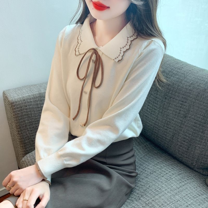 2023秋冬新款娃娃領毛衣蝴蝶結針織打底衫女洋氣減齡內搭毛衣上衣