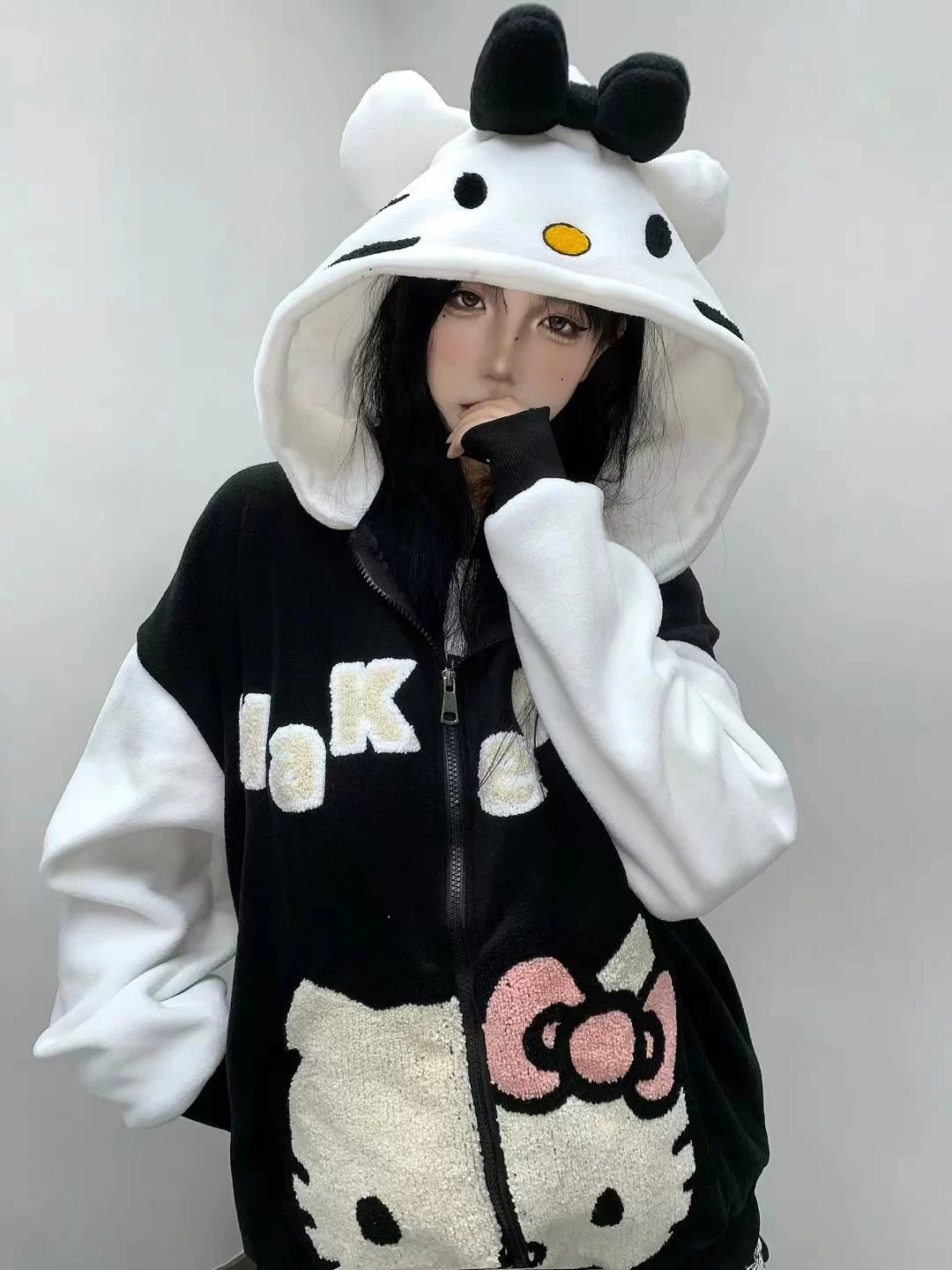 可愛凱蒂貓搖粒絨連帽衛衣拉鏈外套女情侶搞怪秋冬絨衫