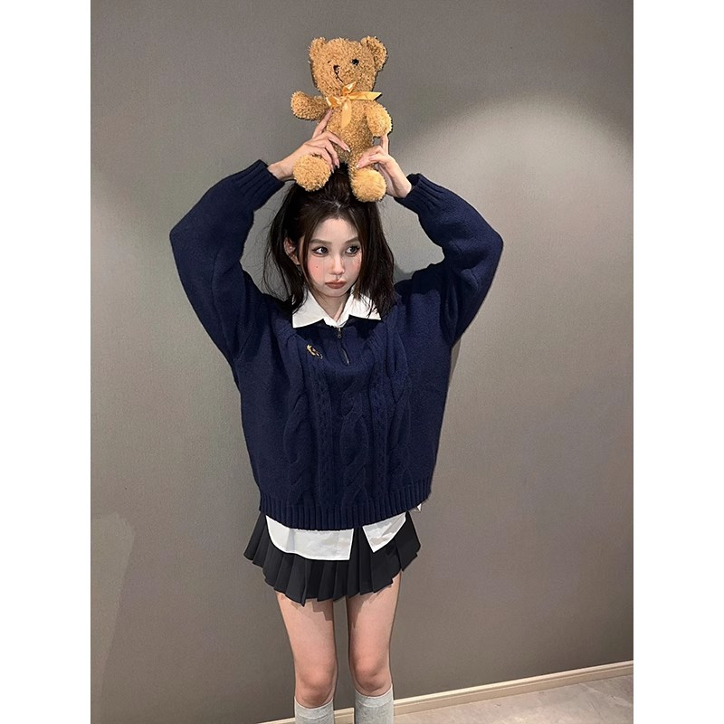 美式學院風麻花軟糯套頭毛衣外穿女裝秋慵懶風寬鬆百搭長袖針織衫