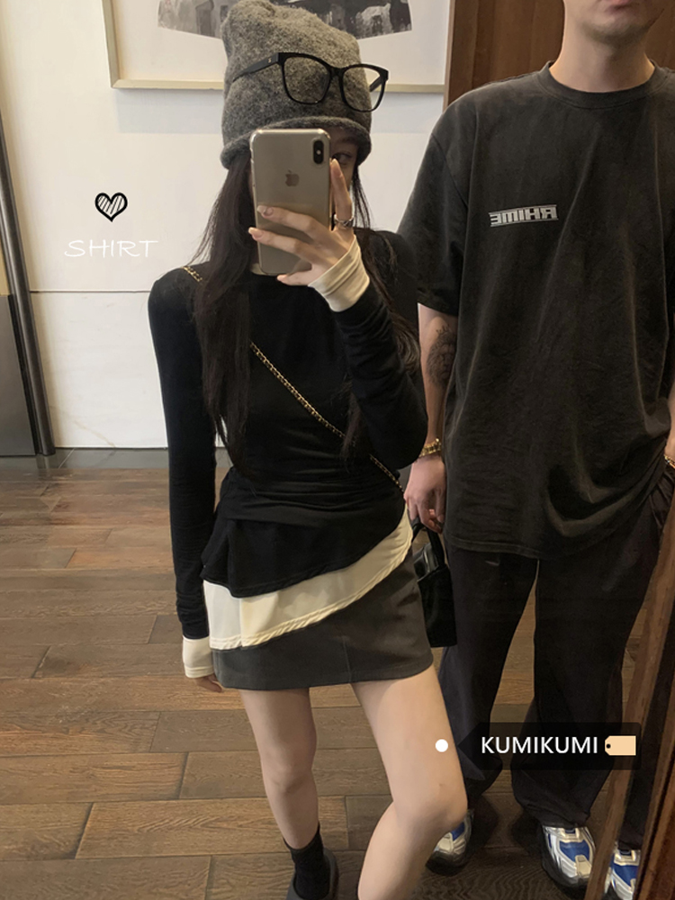 設計感假兩件拼接長袖不規則T恤女秋季修身顯瘦打底衫小眾上衣潮