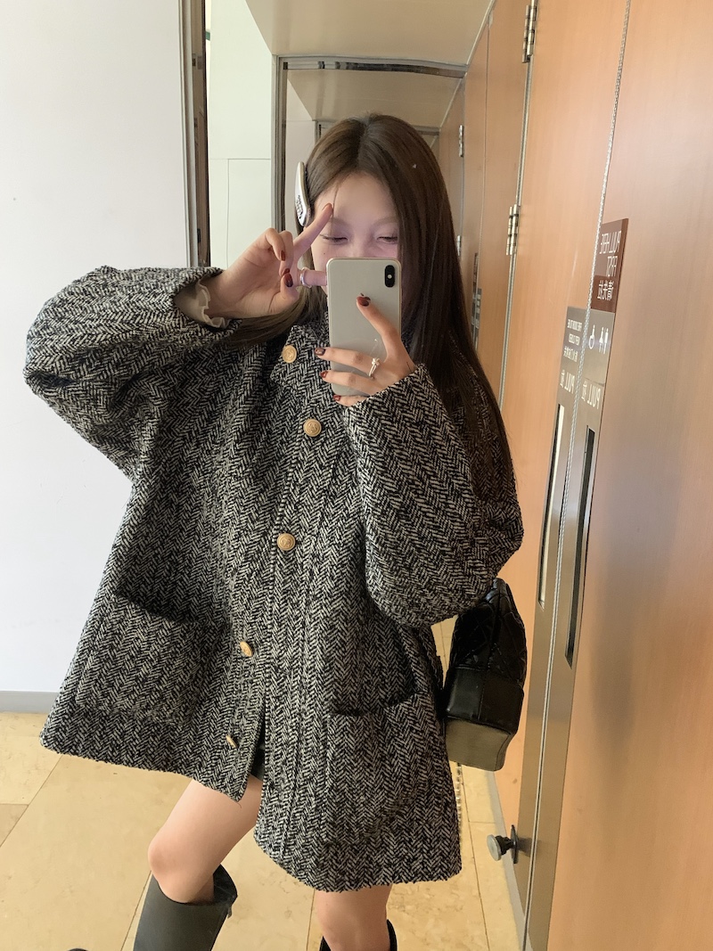 實拍 韓版寬鬆休閒高級感長袖連帽加厚保暖毛呢外套