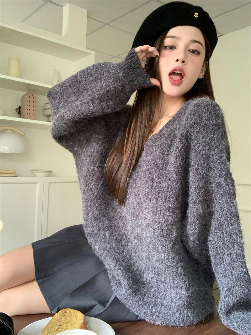 實拍 秋冬新款女裝套裝女慵懶風灰色外穿針織衫毛衣+半身裙兩件套