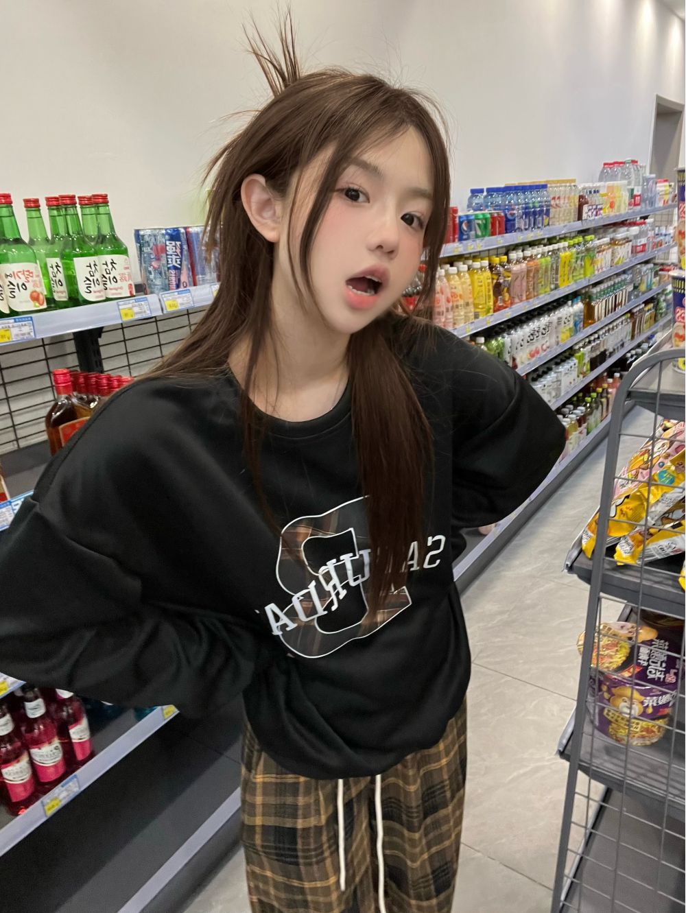 實拍三標齊美式字母加絨衛衣+寬鬆闊腿格子褲長褲兩件套