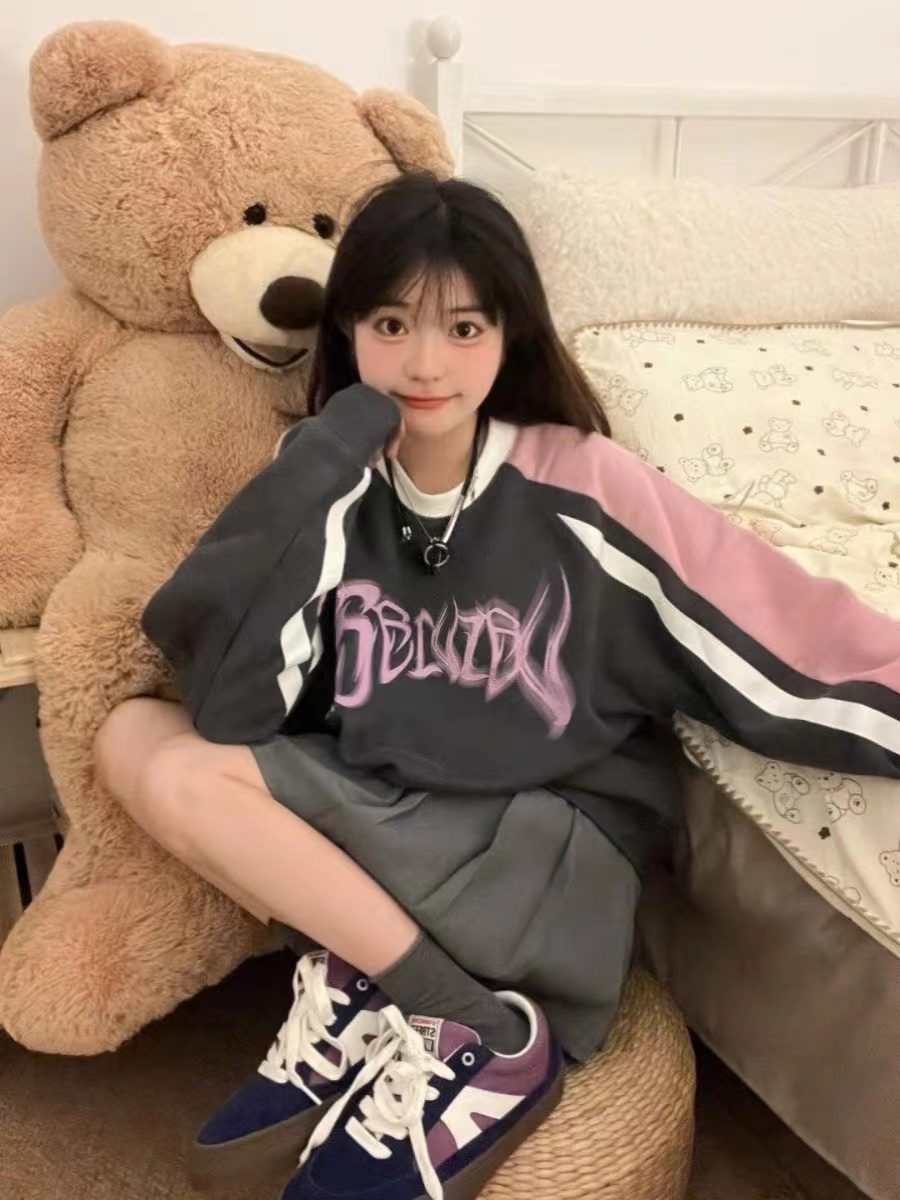 仿棉華棉複合310克官方美式無帽圓領衛衣女秋冬撞色寬鬆