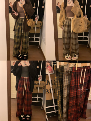 Real shot retro plaid thickened brushed straight pants for women autumn and winter high waist loose wide leg pants elastic waist long pants