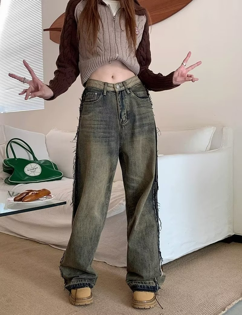 復古水洗做舊黃泥牛仔褲女直筒寬鬆拼接設計感小眾高腰拖地闊腿褲