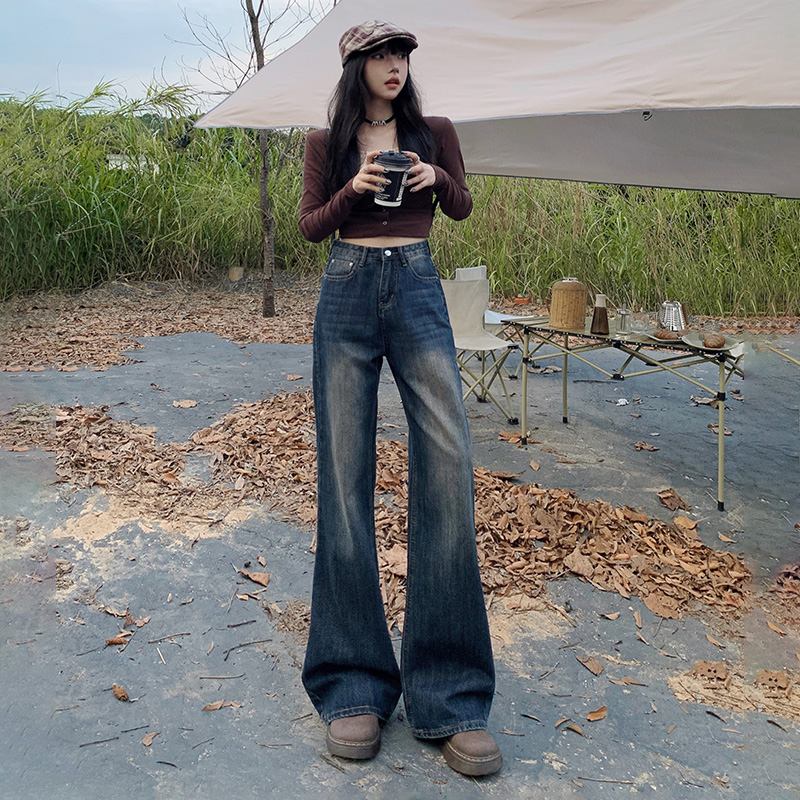 美式復古高腰喇叭褲寬鬆闊腿褲百搭牛仔褲女&長褲加長