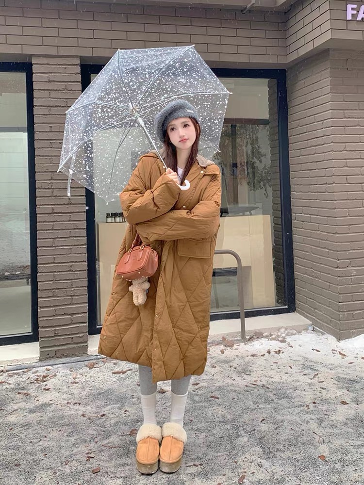 菱形格連帽棉衣棉服女冬季新款設計感小眾寬鬆加厚長款過膝麵包服