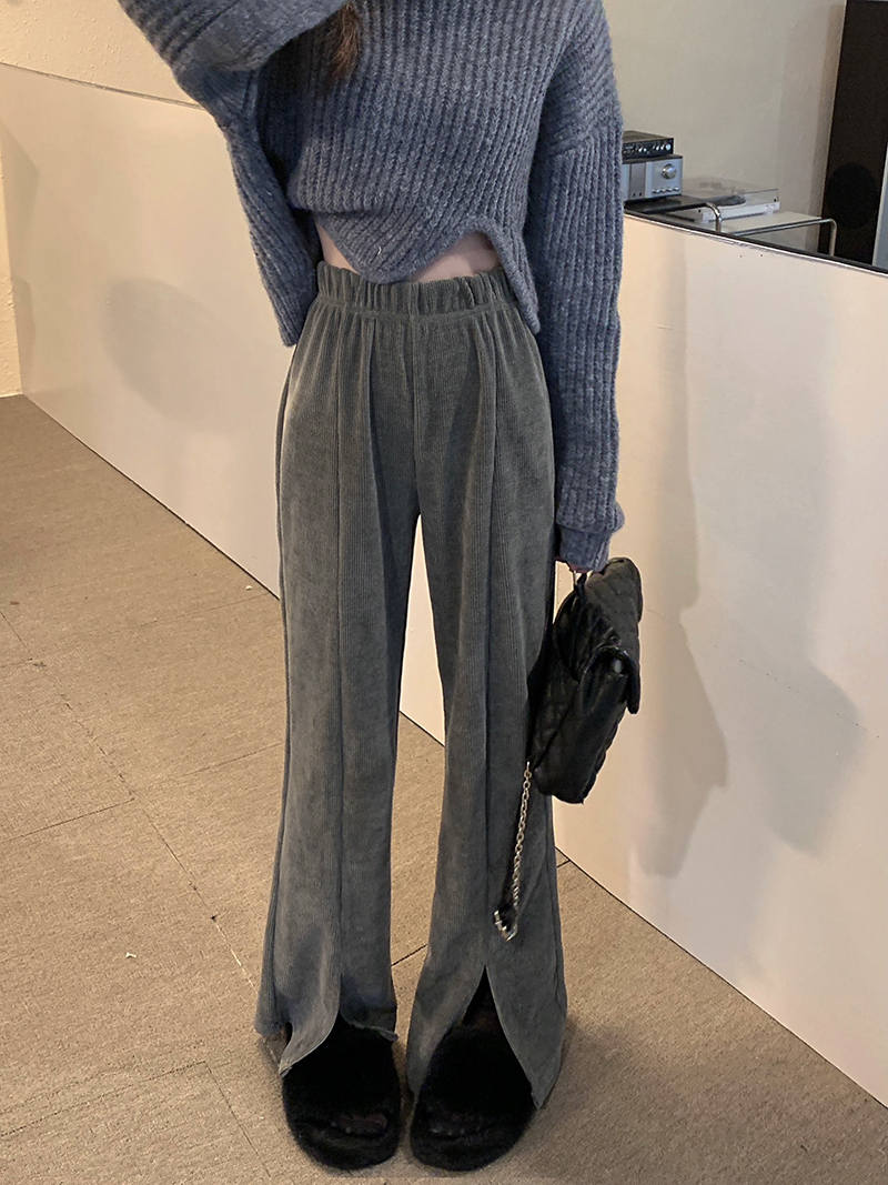 實拍三標齊高腰微刺喇叭褲休閒開叉長褲女