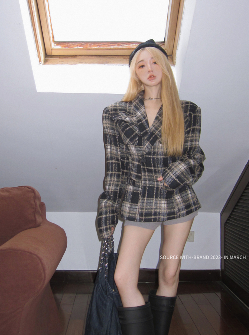 實拍美式復古格子毛呢外套收腰顯瘦秋冬西服上衣加棉女