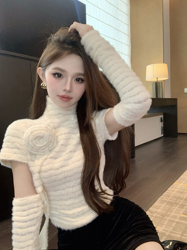 實拍小香風花朵針織衫女秋冬純欲法式上衣半高領打底衫毛衣