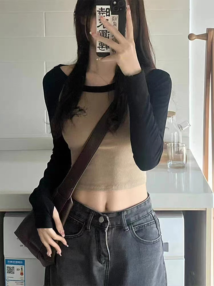 美式復古拼色長袖T恤女春秋內搭短款辣妹打底衫緊身顯瘦純欲上衣