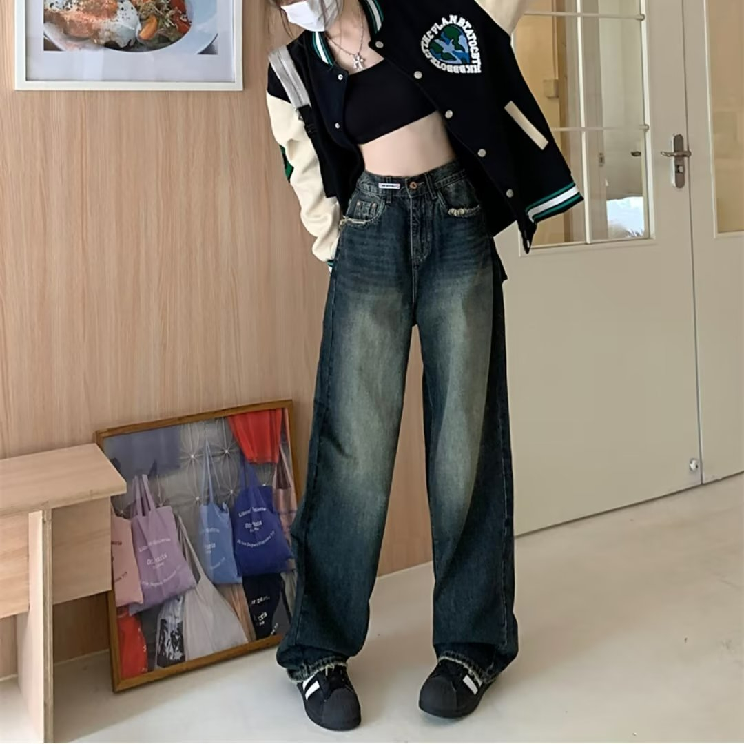 秋季小個子復古設計感牛仔褲女裝高腰顯瘦寬鬆窄版直筒闊腿長褲子