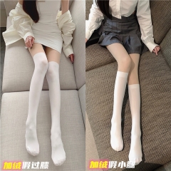 Photographed~ Winter Fleece White Striped Calf Socks JK Hot Girl Black False Sheer Double Layer Leggings