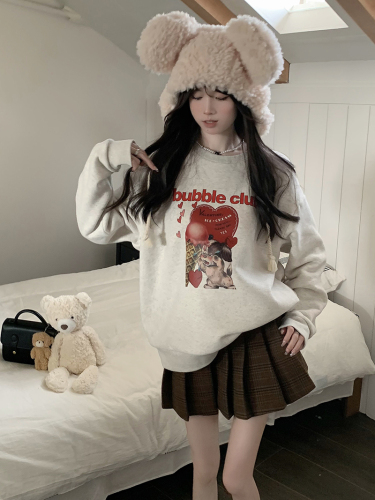 Real shot of large size autumn and winter loose and versatile baby velvet thickened round neck pullover cartoon printed long-sleeved sweatshirt for women