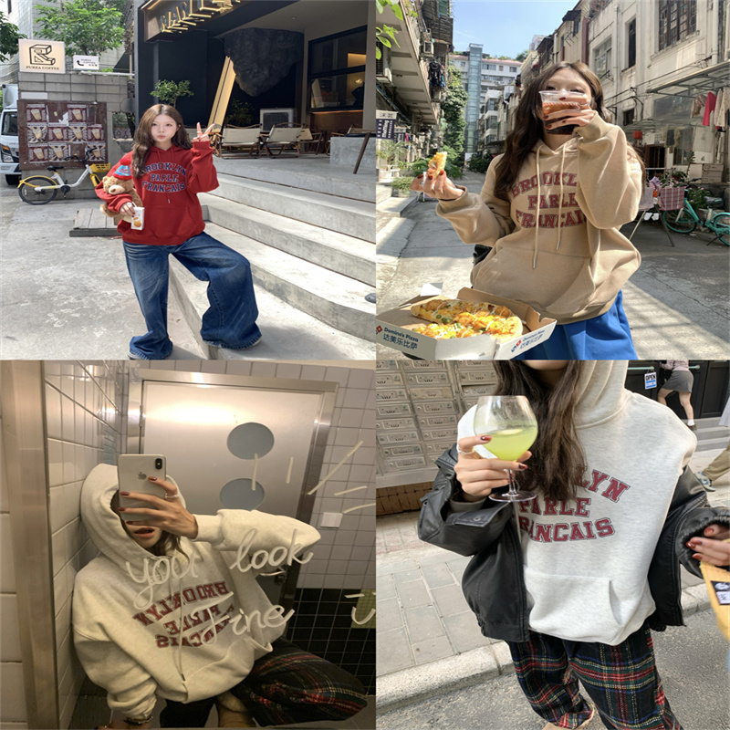 加絨加厚 韓國秋冬新款印花字母連帽休閒百搭衛衣寬鬆大碼上衣女