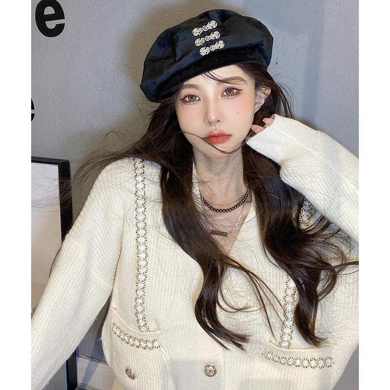 小香風軟糯v領寬鬆毛衣外套女早秋新款高級感慵懶甜美針織衫上衣