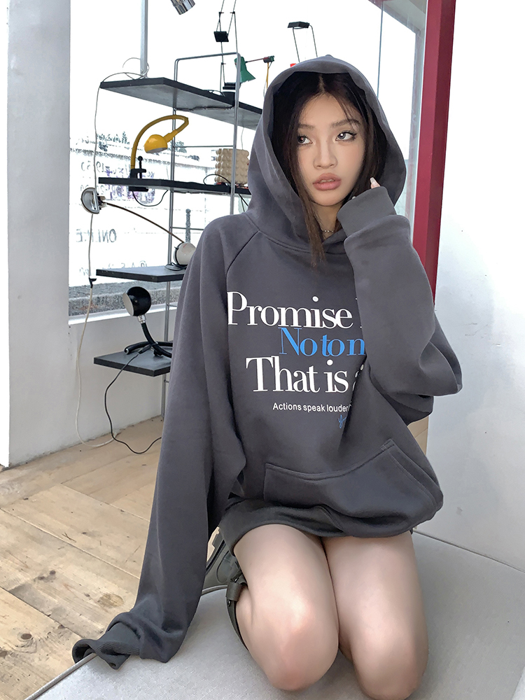 實拍2023秋冬新款標語印花美式衛衣寬鬆女外套加絨連帽衫潮牌上衣