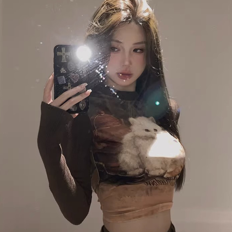 復古辣妹貓咪印花長袖T恤女秋季修身短款拼接打底衫上衣