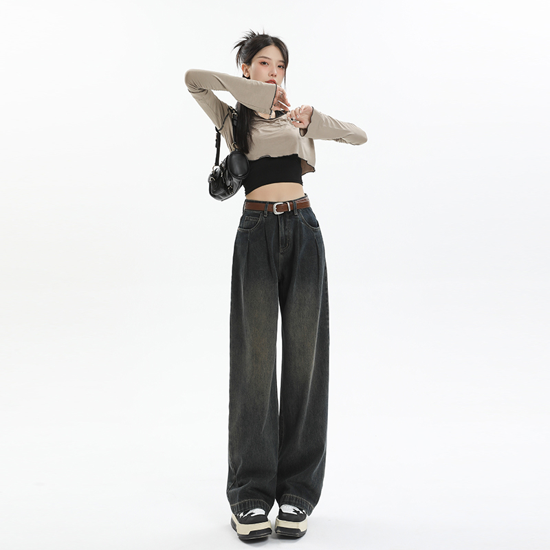 實拍2023秋冬新款薄絨牛仔褲女美式寬鬆高腰直筒闊腿褲子