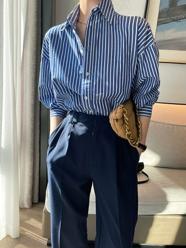 Blue and white striped shirt for women in autumn, simple and slim, versatile loose top, long-sleeved shirt