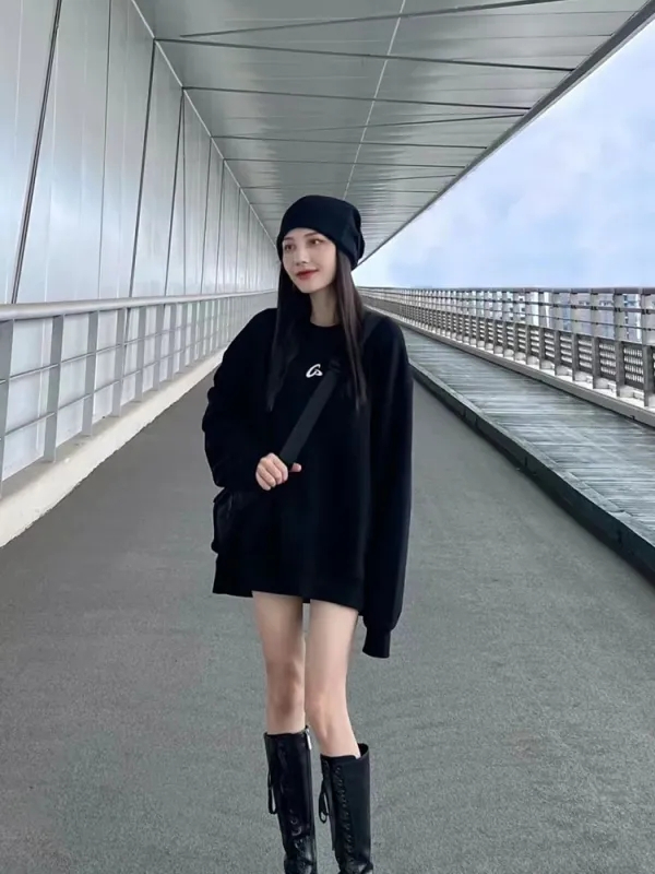 美式復古街頭圓領衛衣女早秋新款慵懶風中長款寬鬆顯瘦減齡上衣潮