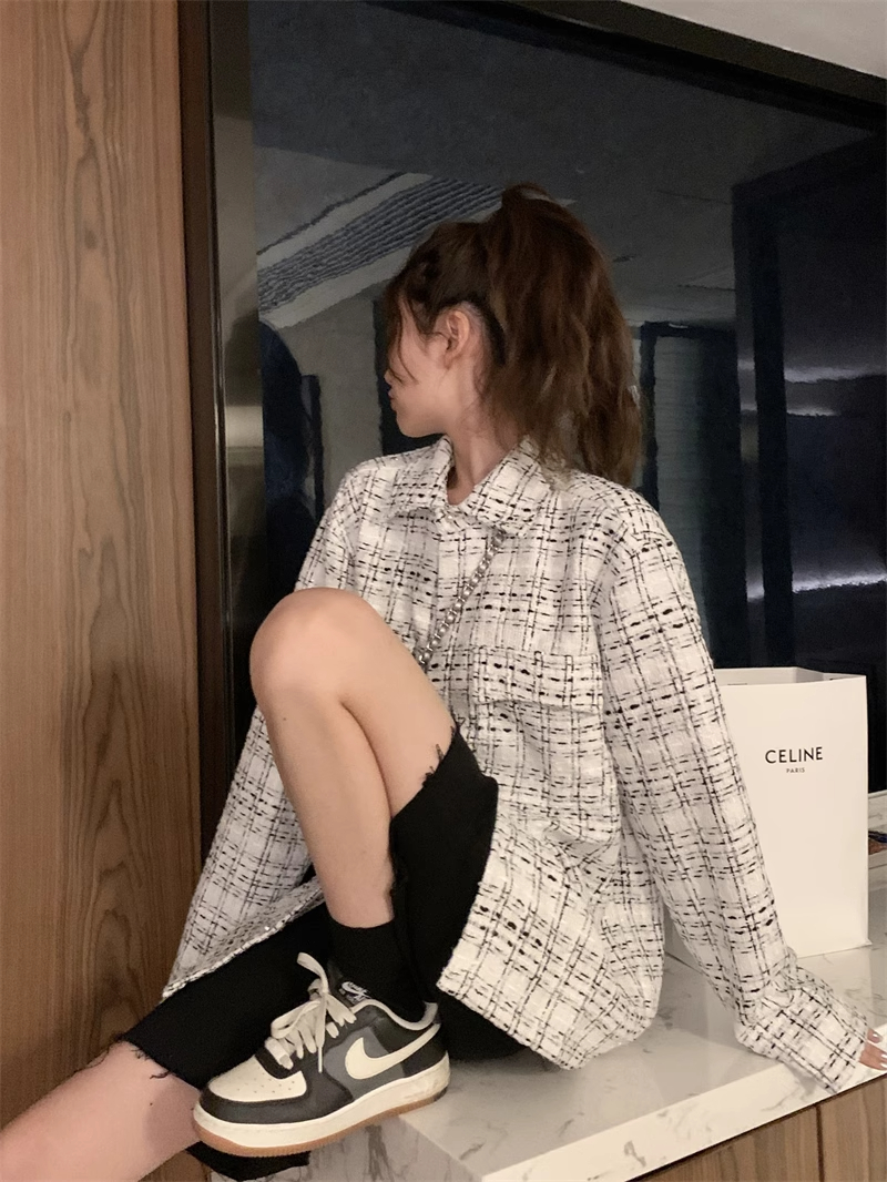 白色小香風外套女春秋2023新款寬鬆設計感小眾復古格子襯衫ins潮