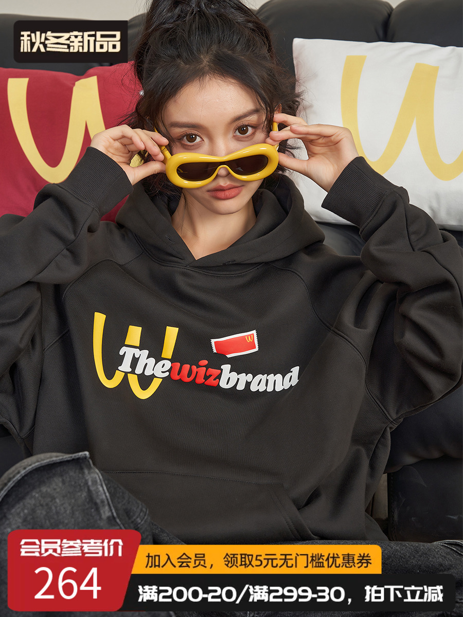 THEWIZBRAND 秋季美式復古風番茄醬發泡字母印花連帽加絨衛衣男女