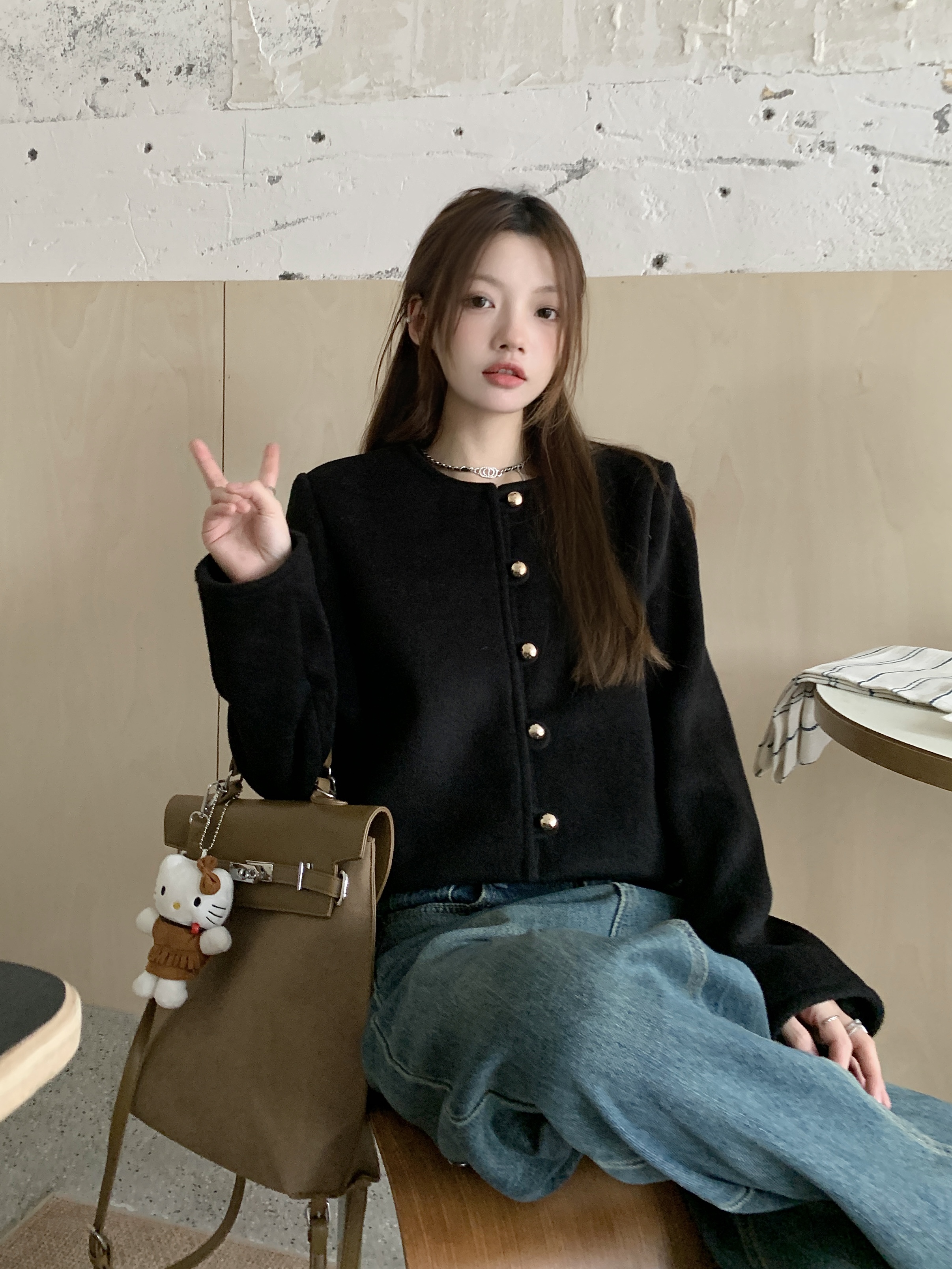 實拍 心動白月光羊毛圓領毛呢小香外套女秋冬其實耳仔扣上衣