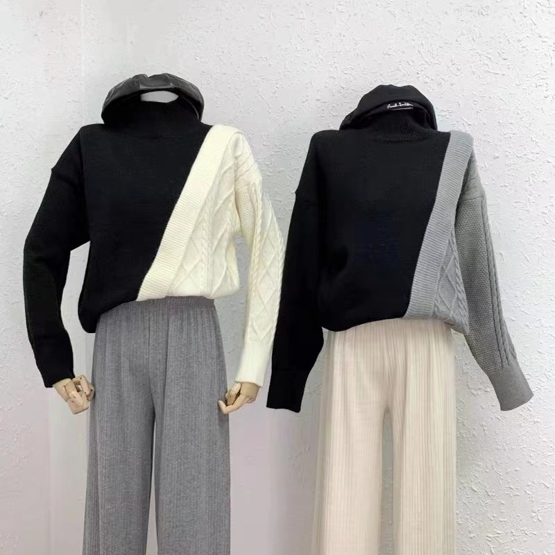 韓版撞色拼接半高領毛衣女秋冬寬鬆設計感外穿上衣洋氣打底針織衫