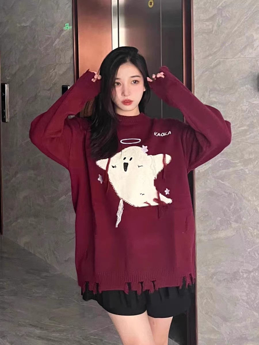 Round neck pullover sweater for women in autumn and winter new style loose lazy style little ghost irregular niche high-end coat