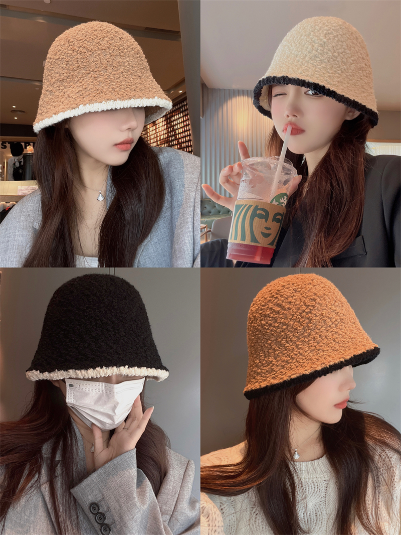 實拍韓式秋冬羊羔絨漁夫帽女甜美百搭顯臉小水桶帽