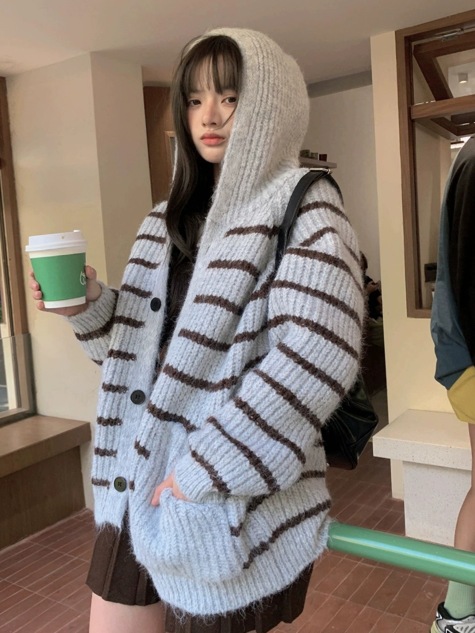 2023秋冬季新款美式條紋毛衣打底衫寬鬆慵懶風連帽針織開衫女外套