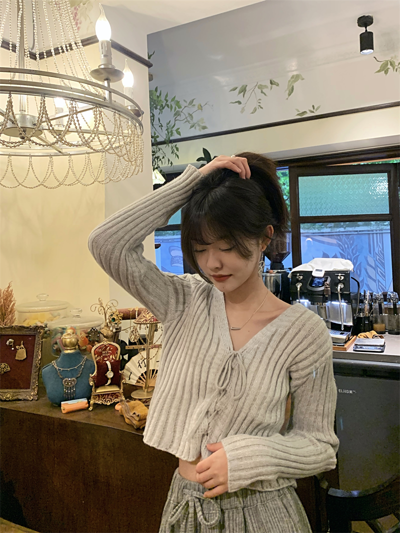 實拍_系帶顯瘦V領針織開衫女短款款毛衣