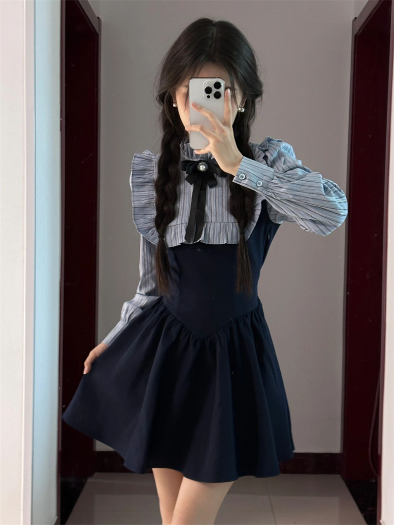 赫本風假兩件襯衫連衣裙女收腰顯瘦拼接短裙
