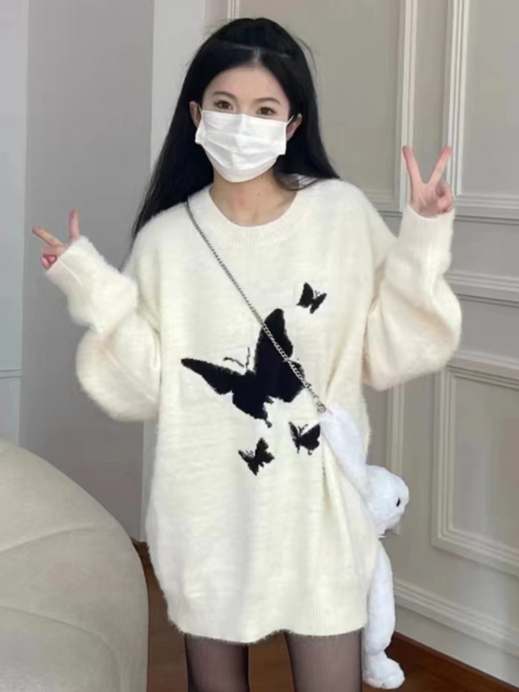 2023新款軟糯溫柔蝴蝶慵懶風秋冬毛衣女寬鬆復古仿水貂絨針織衫