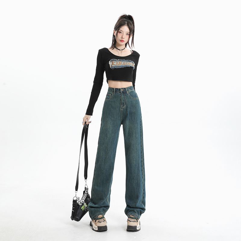 實拍2023秋季時尚美式復古設計感水洗紋直筒闊腿牛仔褲女