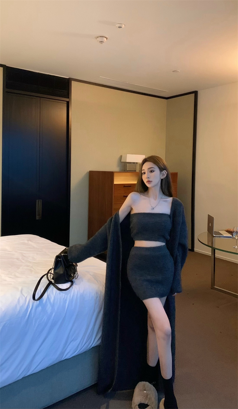 實拍  復古氣質性感辣妹抹胸上衣半身裙外套三件套裝