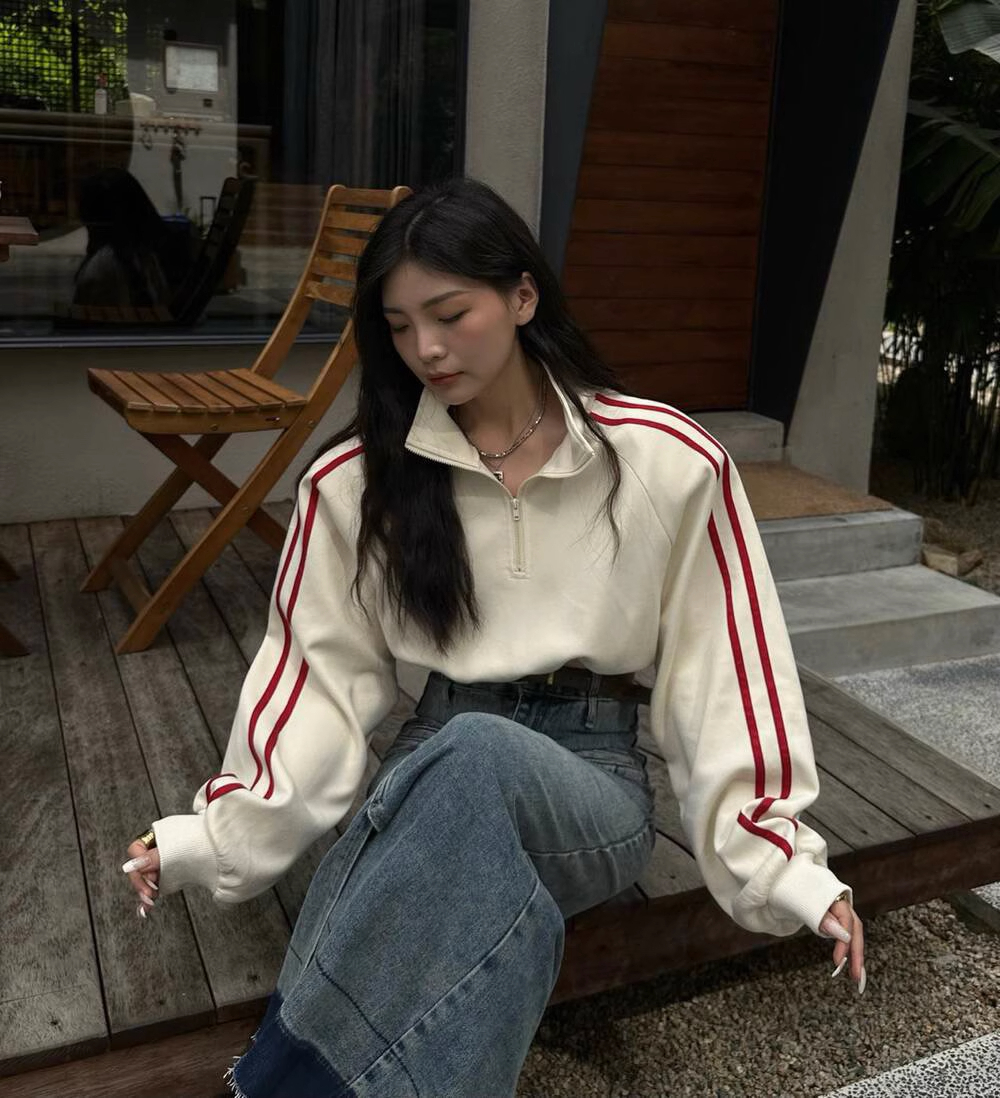 2023春新款韓版時髦Polo領美式槓條百搭抽繩短款衛衣女
