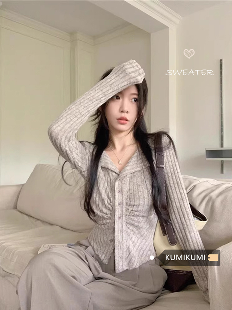 原版磨毛面料 長袖辣妹針織衫女秋季別致褶皺修身顯瘦不規則上衣