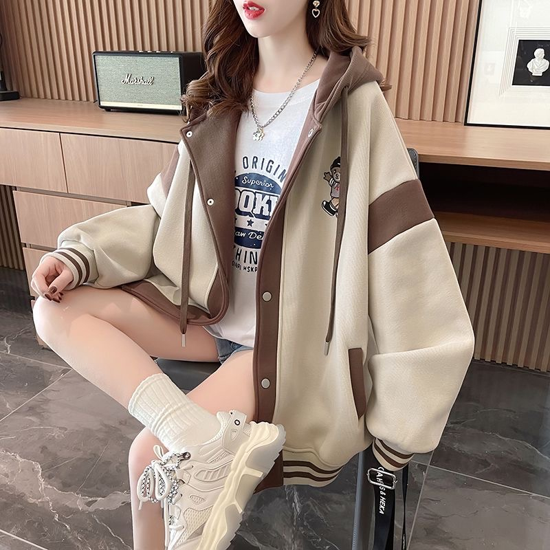加絨加厚外套女秋冬新款韓版寬鬆慵懶風大碼連帽棒球服百搭衛衣潮