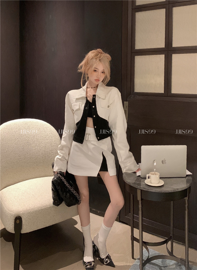 實拍~高級感辣妹時尚套裝設計感拼接假兩件洗水外套+開叉半裙