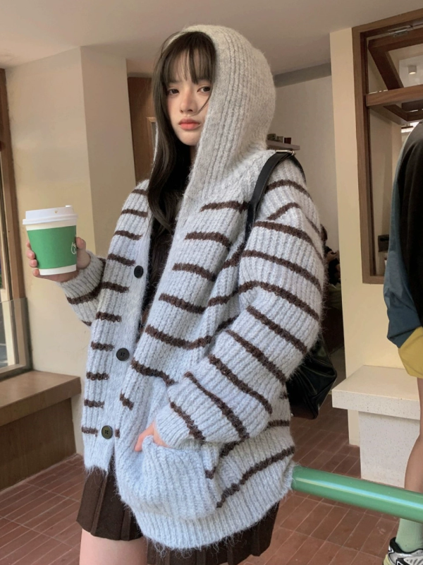 2023秋冬季新款美式條紋毛衣打底衫寬鬆慵懶風連帽針織開衫女外套