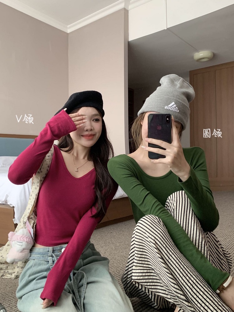 實拍 秋季新款前後兩穿V領打底衫純欲顯瘦長袖百搭上衣