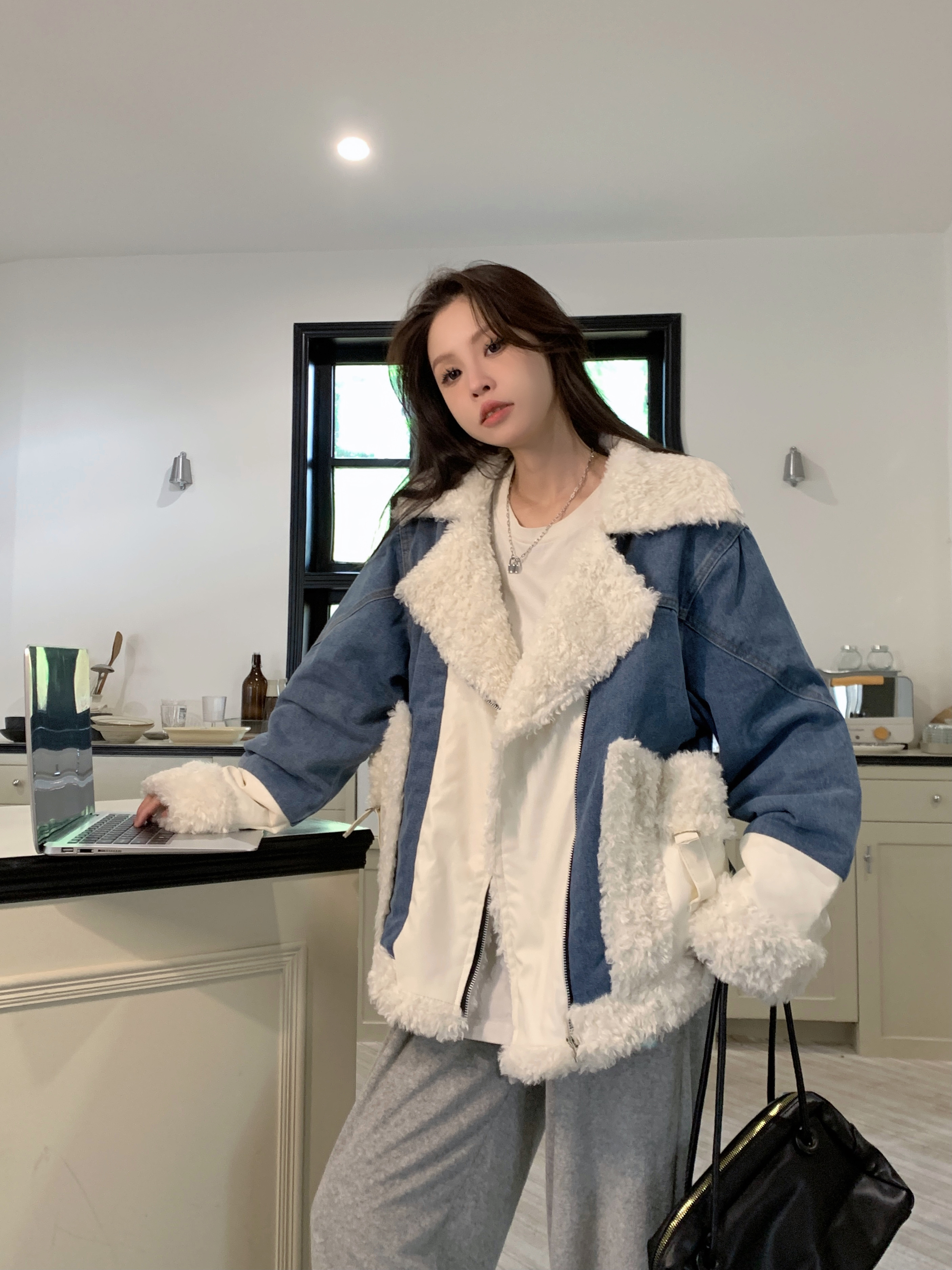 實拍！羊羔毛絨棉衣棉服秋冬設計小個子加厚牛仔外套ins港風