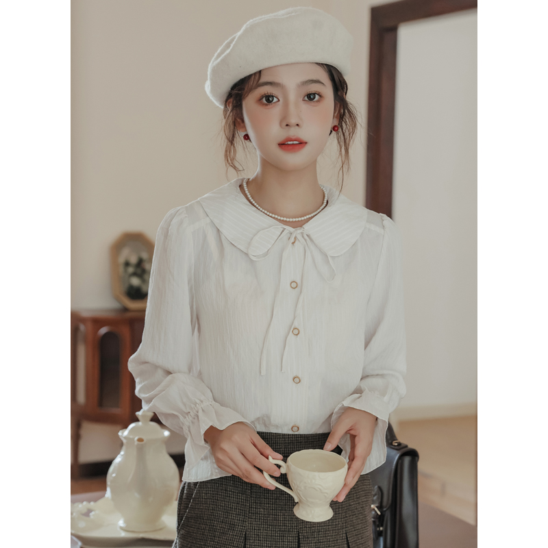 不低於89實拍學院風甜美娃娃領少女感襯衫減齡百搭疊穿上衣