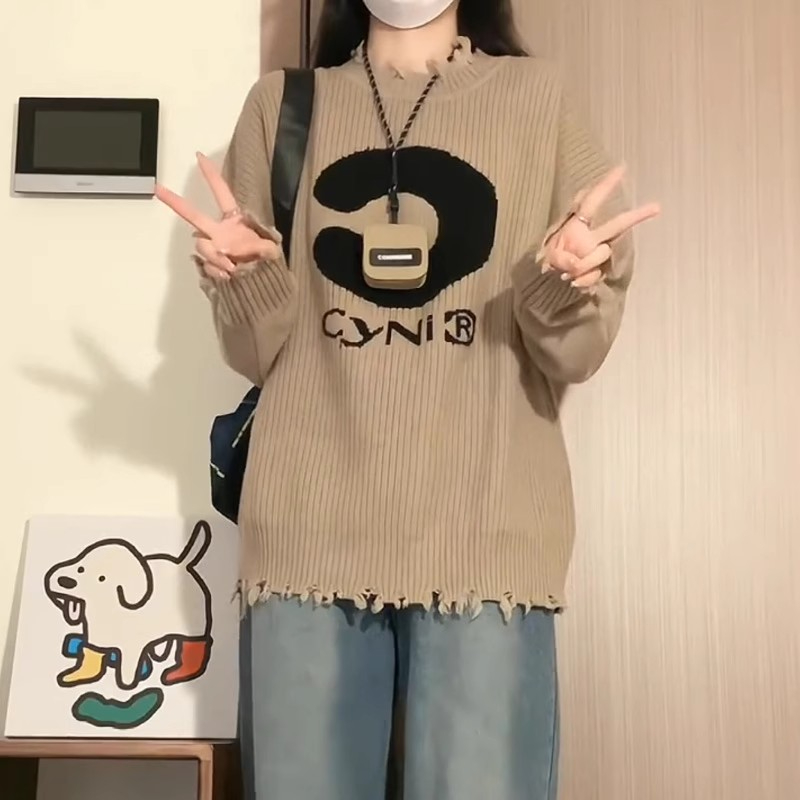 韓系小眾溫柔軟糯秋季穿搭字母圓領毛衣女寬鬆設計感打底針織衫潮