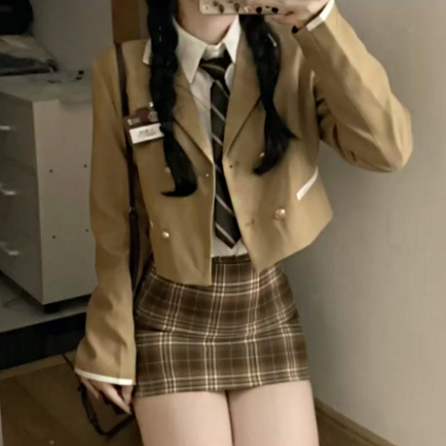 韩系学院风制服西装外套修身衬衫女秋季格子包臀裙三件套