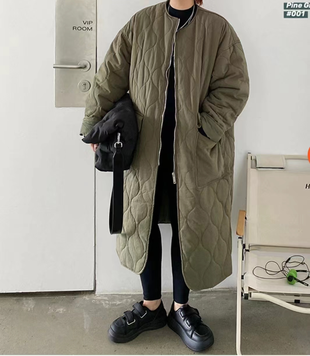 韓國chic 加厚過膝長款棉服菱格棒球服棉衣女